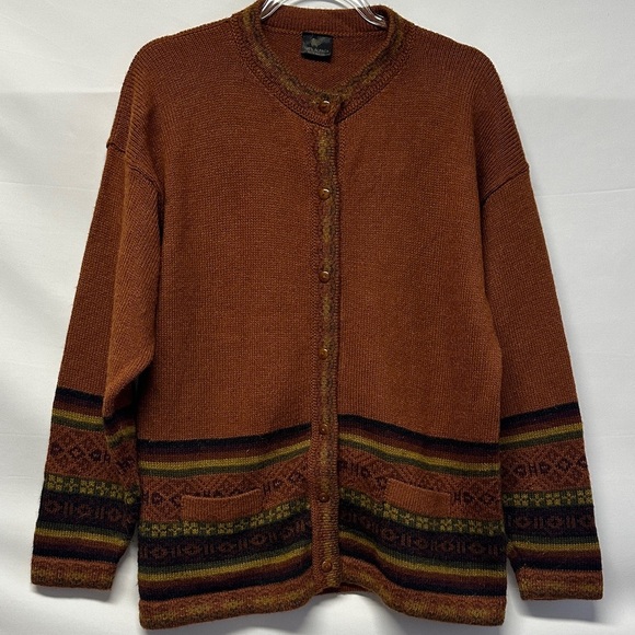 Vintage Arte Inka-Berfass 100% Alpaca Brown Yellow Aztec Geo Cardigan Sweater L - Picture 2 of 4